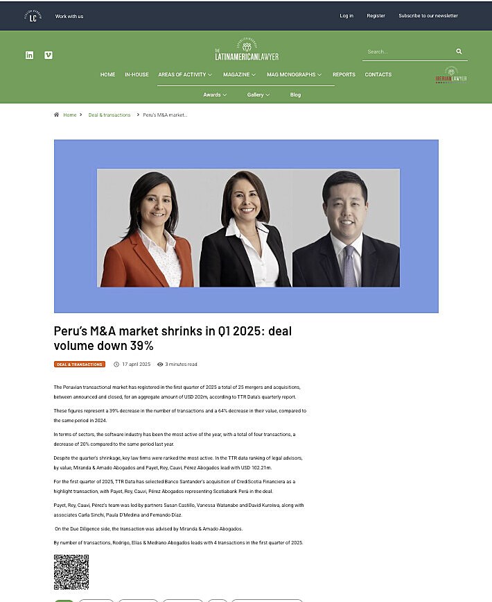 Perus M&A market shrinks in Q1 2025: deal volume down 39%